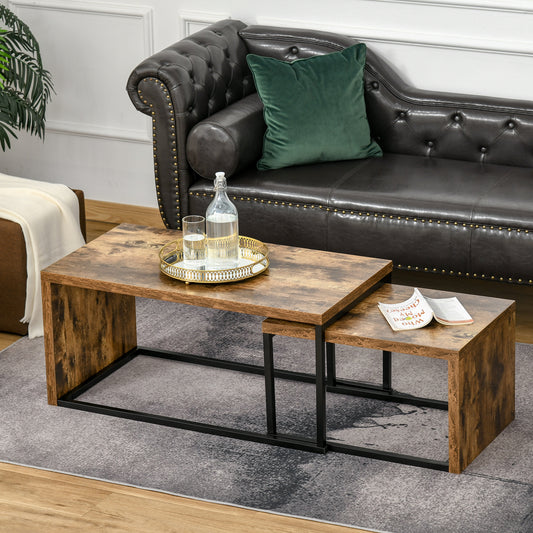 HOMCOM Set of 2 Coffee Tables Industrial Style Tea Table, Side Table w/ Metal Frame for Living Room Bedroom Black & Brown 