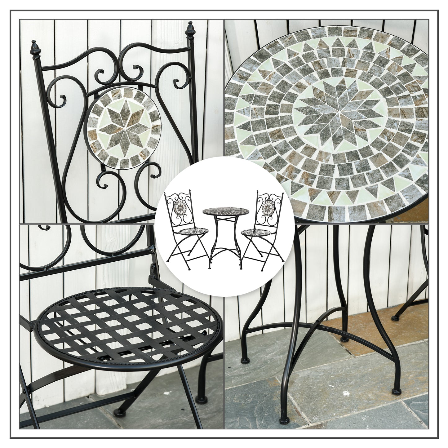 3 Pcs Mosaic Tile Garden Bistro Set Outdoor Seating w/ Table 2 Folding Chairs Set Metal Frame Elegant Scrolling