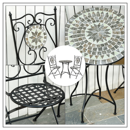 3 Pcs Mosaic Tile Garden Bistro Set Outdoor Seating w/ Table 2 Folding Chairs Set Metal Frame Elegant Scrolling