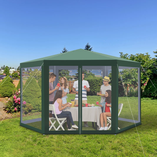 Outsunny 3.94 x 3.94m Outdoor Party Tent Hexagon Sun Shelter Canopy with Protective Mesh Screen Walls & Proper Sun Protection, Green 