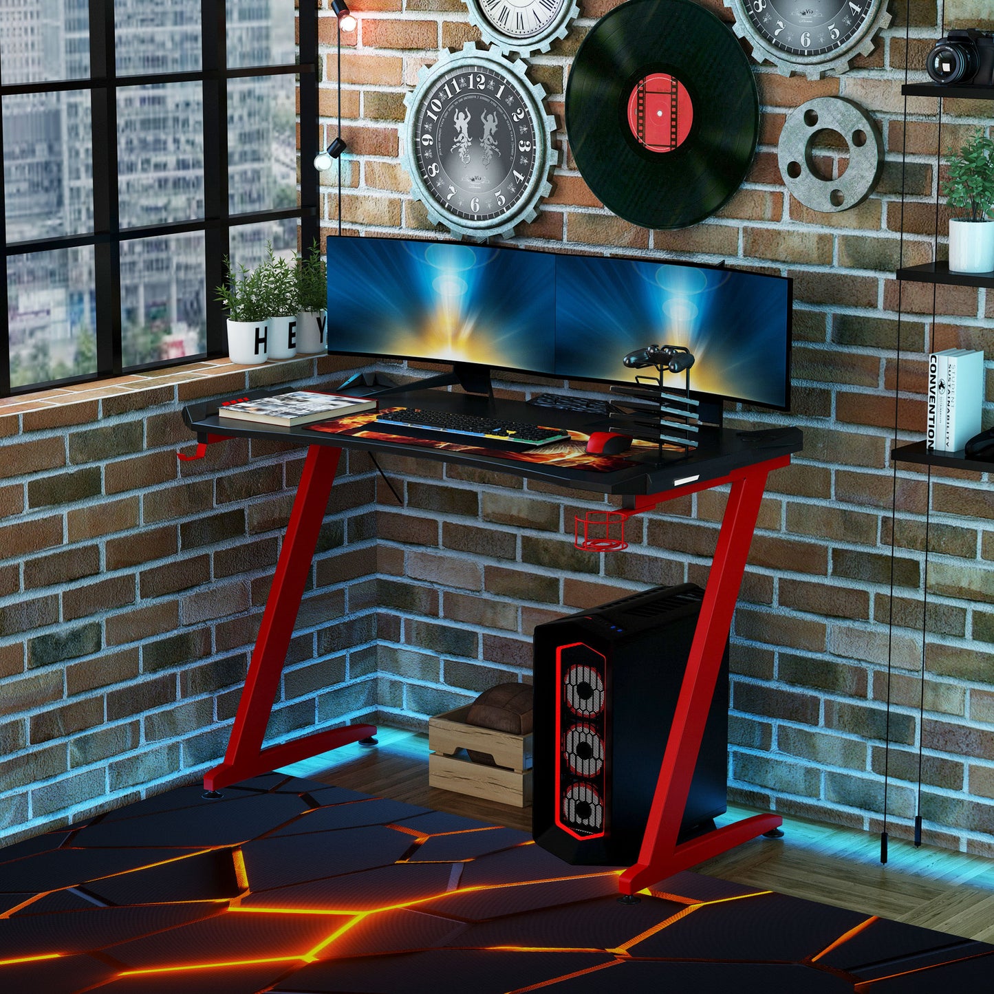 HOMCOM Gaming Computer Table, 122cm Width w/Cup Holder, Headphone Hook, Gamepad Holder, Cable Management Red Black  Aosom IE