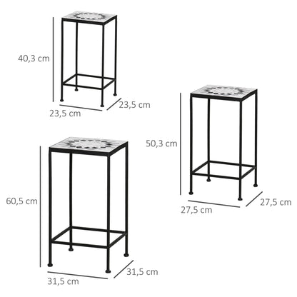 3-Piece Metal Plant Stand, Stackable Flower Display Rack with Ceramic Tile Surface for Garden, Balcony, Black and White