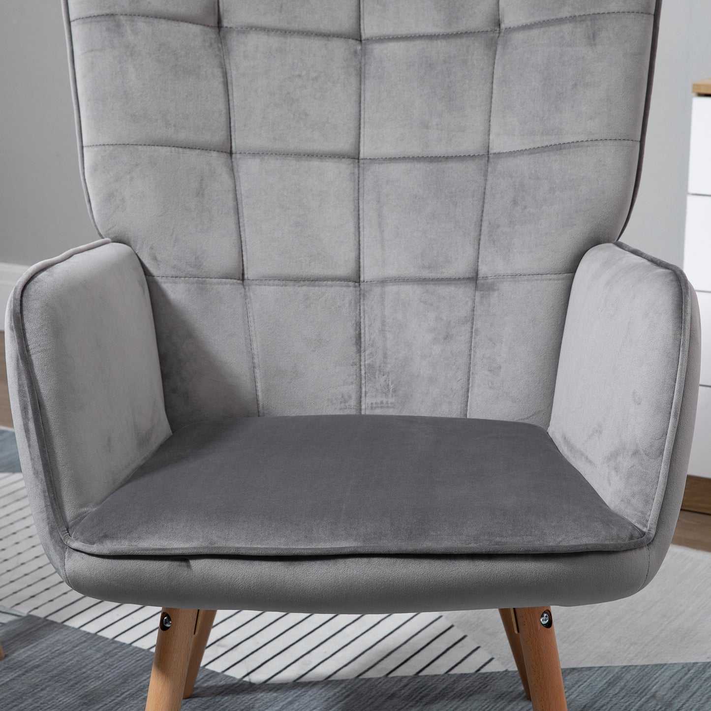 Grey Velvet Arm Chair, Tufted Living Room Chair with Wood Legs, Grey