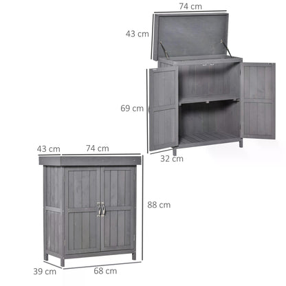 74 x 43 x 88cm Garden Shed Outdoor Garden Storage Shed Wooden Chest Double Doors with Shelf Hinged Roof Compact Size -Grey