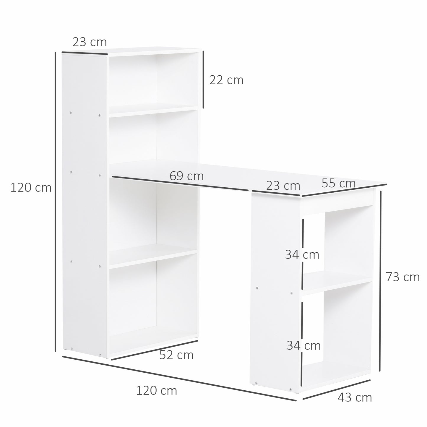 Corner Desk 120cm Modern Computer Desk Bookshelf  Writing Table Workstation White 6 Shelves