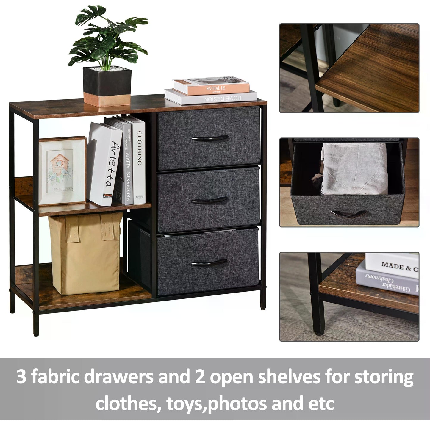 Fabric Chest of Drawers, 3 Drawers, 3 Shelves, Industrial for Living Room Bedroom Black