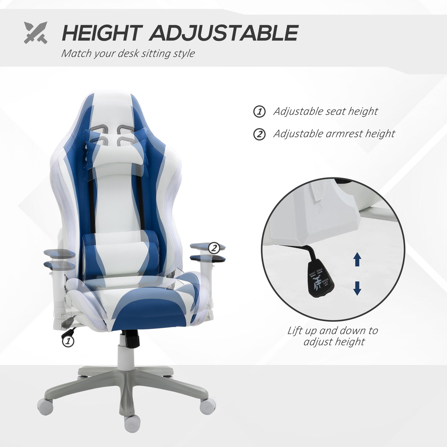 Blue Gaming Chair, with Led Light, Bluetooth Speakers Music Video Game Chair Pu Leather With Removable Pillows