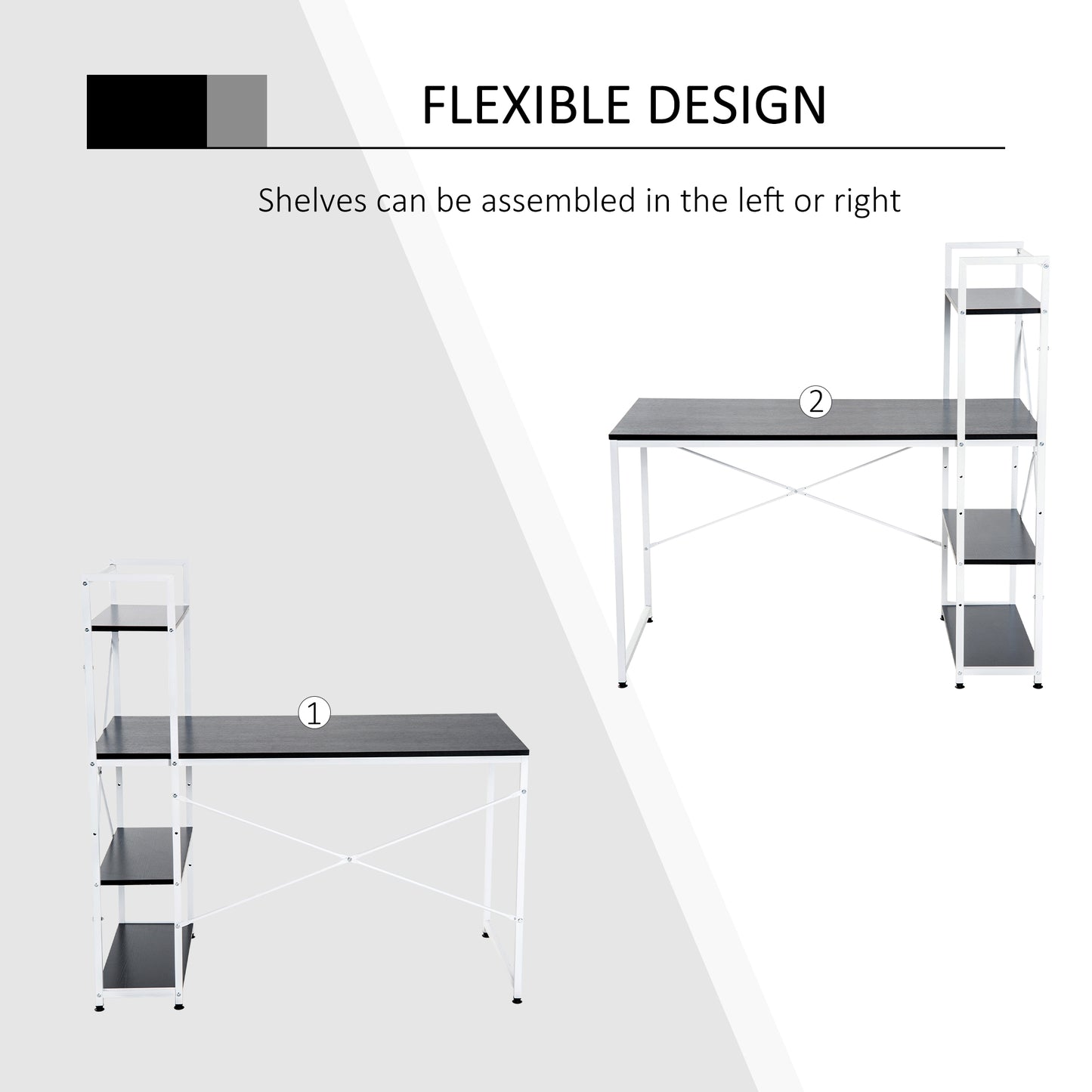 Corner Desk with Storage, Bookshelf, Metal Frame-White/ Black Colour