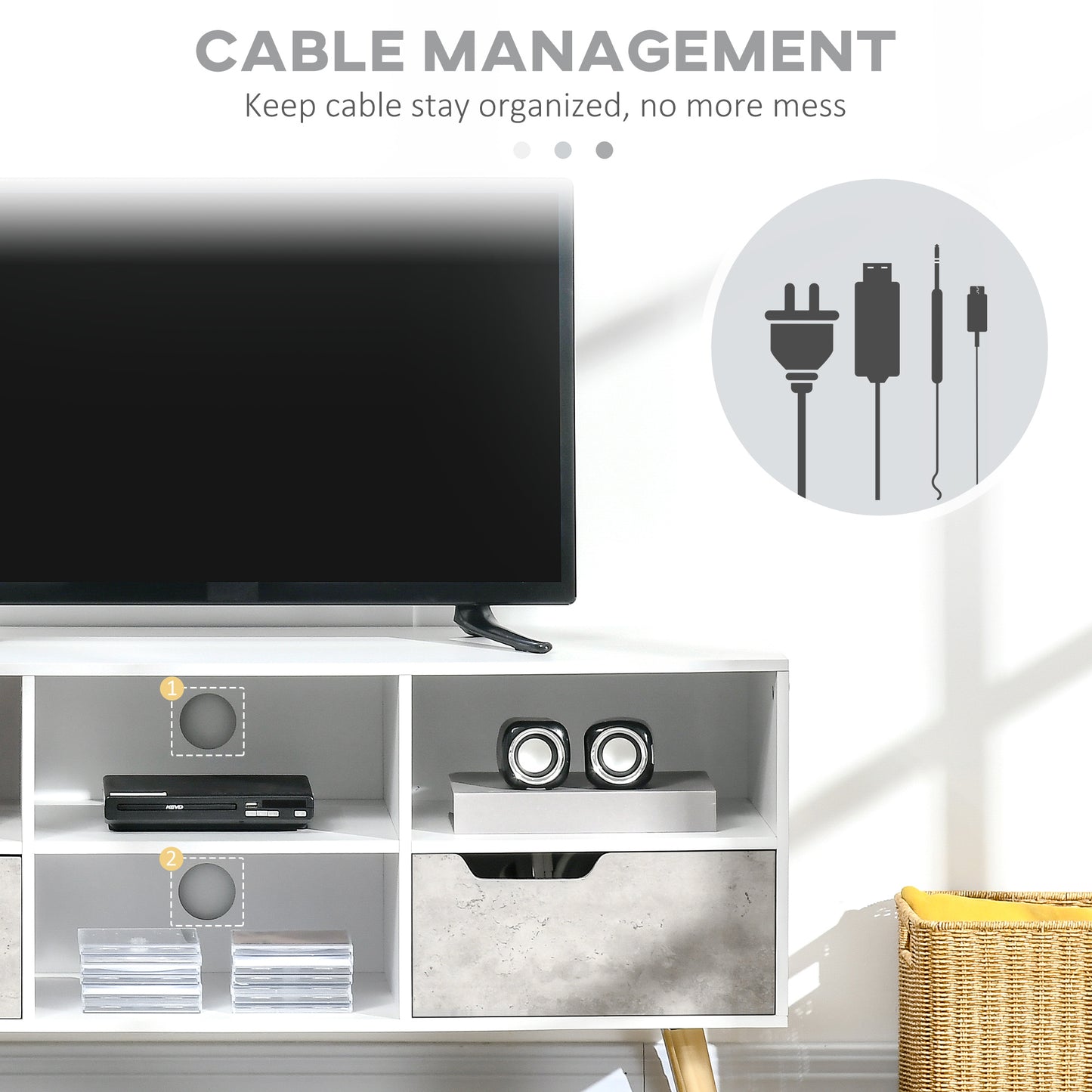 Television Shelf, with 2 Drawers, 4 Open Compartments, Cable Management for 50" TVs for Living Room, Light Grey