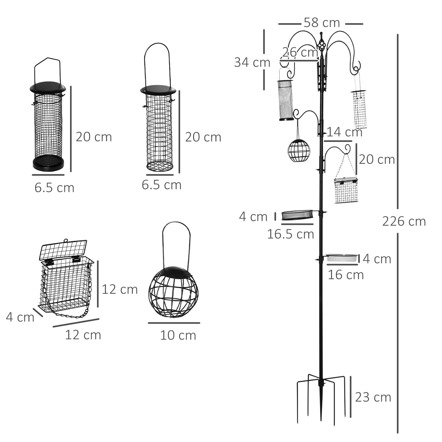 Bird Feeding Station Kit Wild Bird Feeder Pole w/ 6 Hooks 4 Hanging Feeders for Peanuts Seed Fat Balls for Garden Outdoor