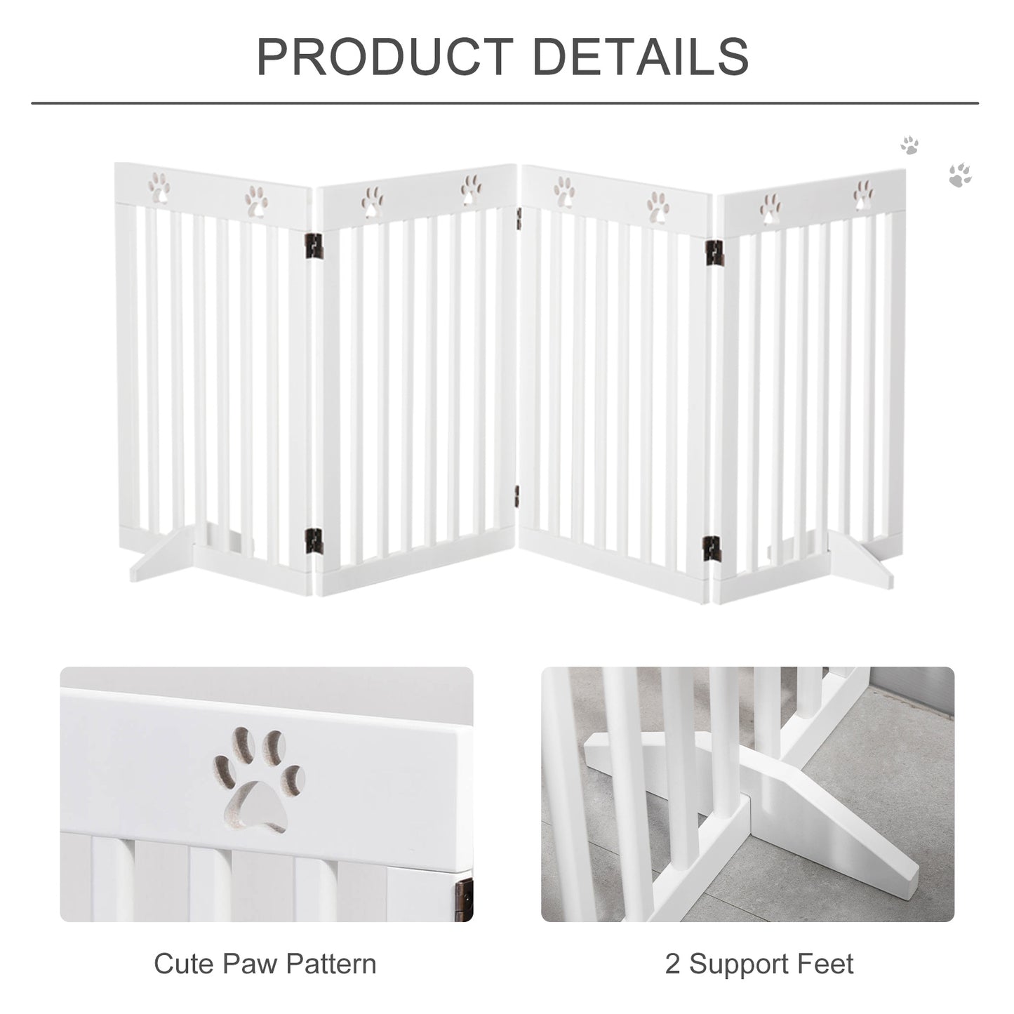 Wooden Pet Gate 4 Panel Foldable Fence Freestanding Dog Safety Barrier with 2 Support Feet for Doorways Stairs