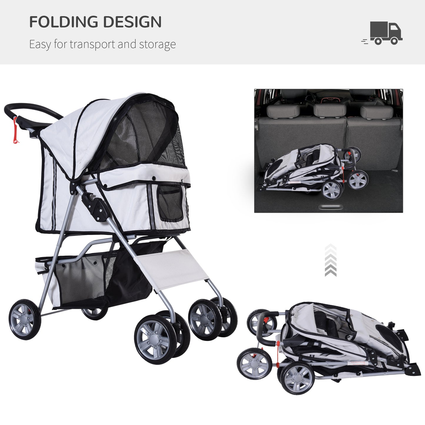 Cat Pushchair, Foldable, W/ 4 Wheels - Grey & Silver