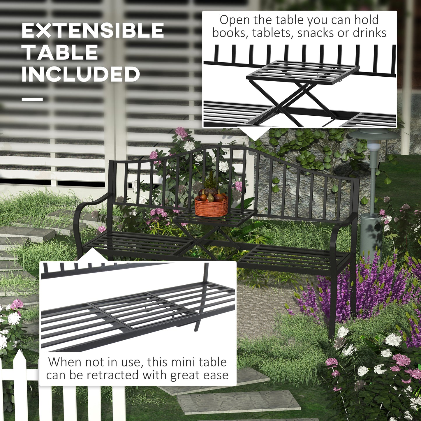 Outdoor Deluxe Metal Frame Patio Park Garden Bench Middle Table