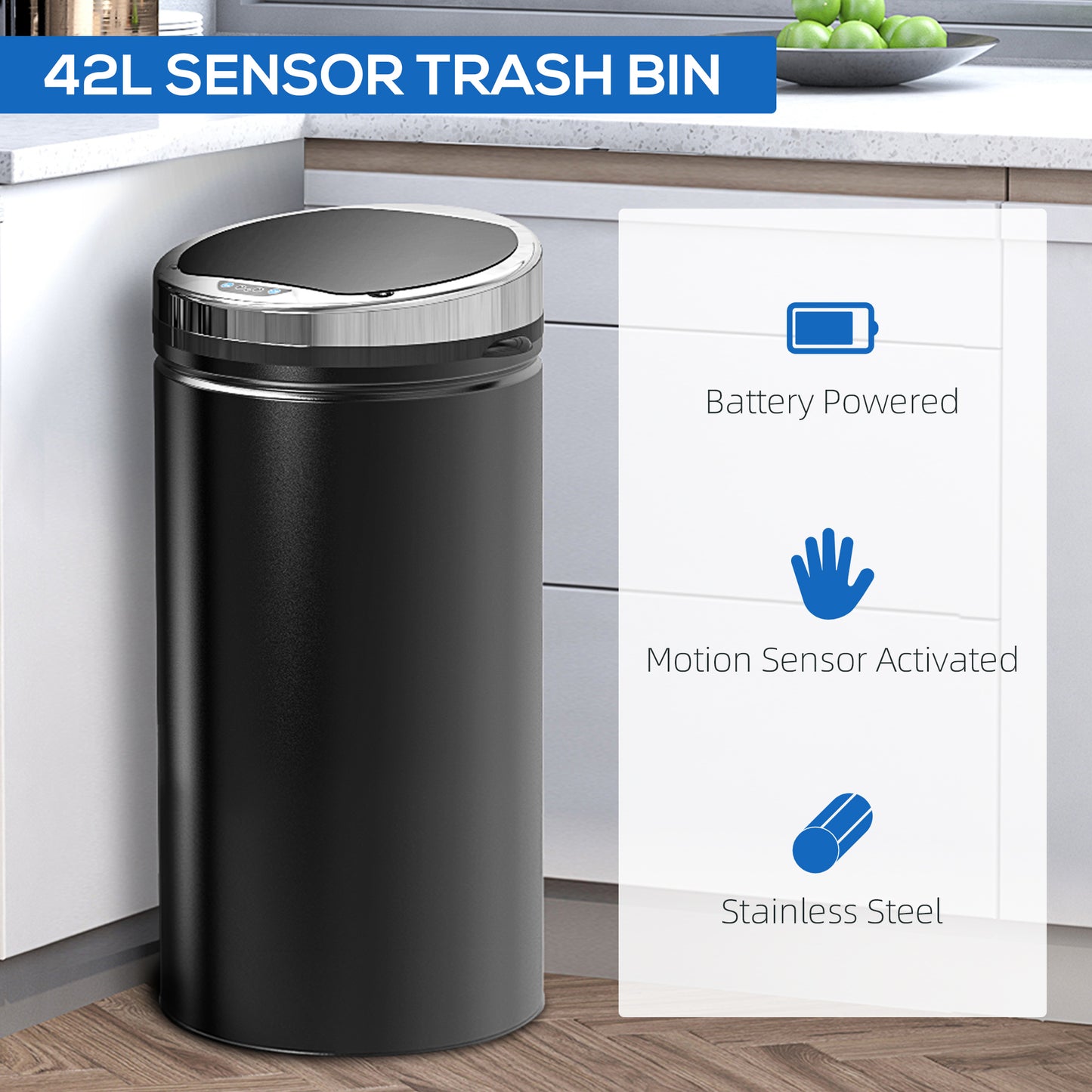 Inside Trash Can, Smart, Dustbin for Kitchen, 42L Stainless Steel W/ Bucket-Black