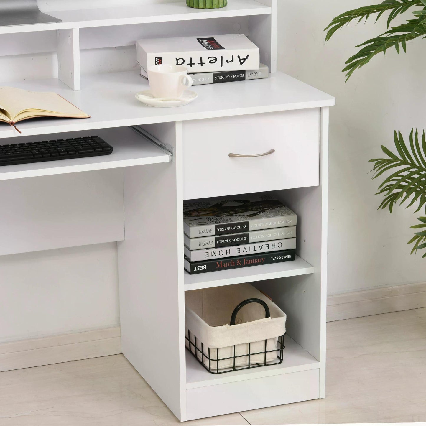 Modern Wooden Computer Desk Workstation with Keyboard Tray, Drawer & Monitor Stand for Home Office, Study