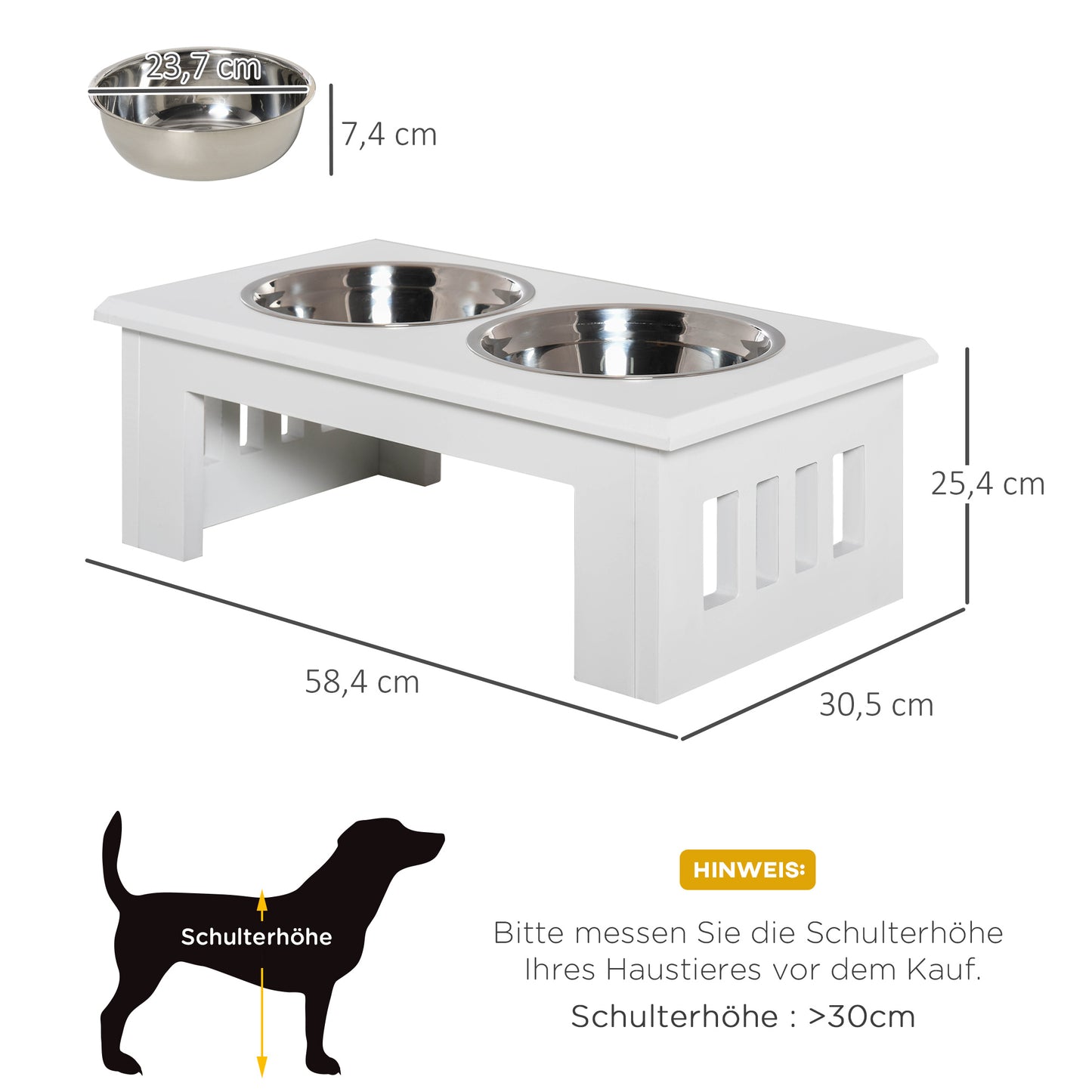 Dog Food and Water Bowl, Stainless Steel, 58.4Lx30.5Wx25.4H cm-White