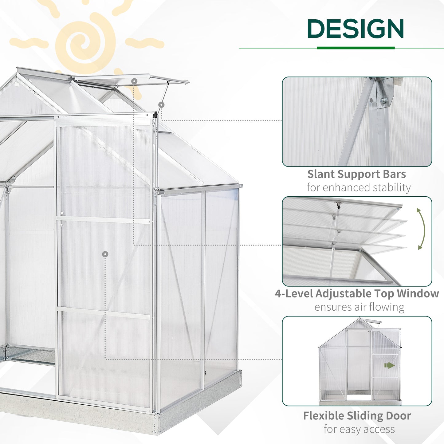 Walk-In Greenhouse Polycarbonate Panels Aluminium Frame Sliding Door Adjustable Window Flower Grow House Protection  Aosom IE