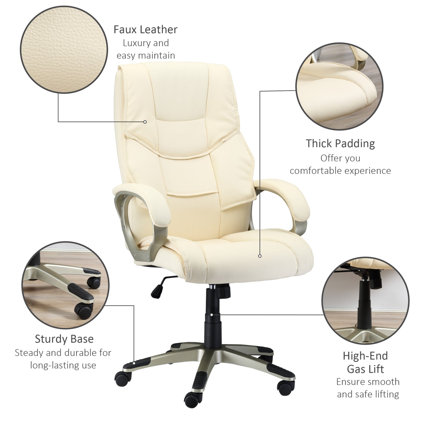 Homcom Cream Office Chair, High Back PU Leather Height Adjustable-W/ Gold Effect,