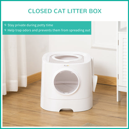 Cat Litter Tray Cat Litter Box Portable Pet Toilet Fully Enclosed Kitten Pan w/ Scoop, White