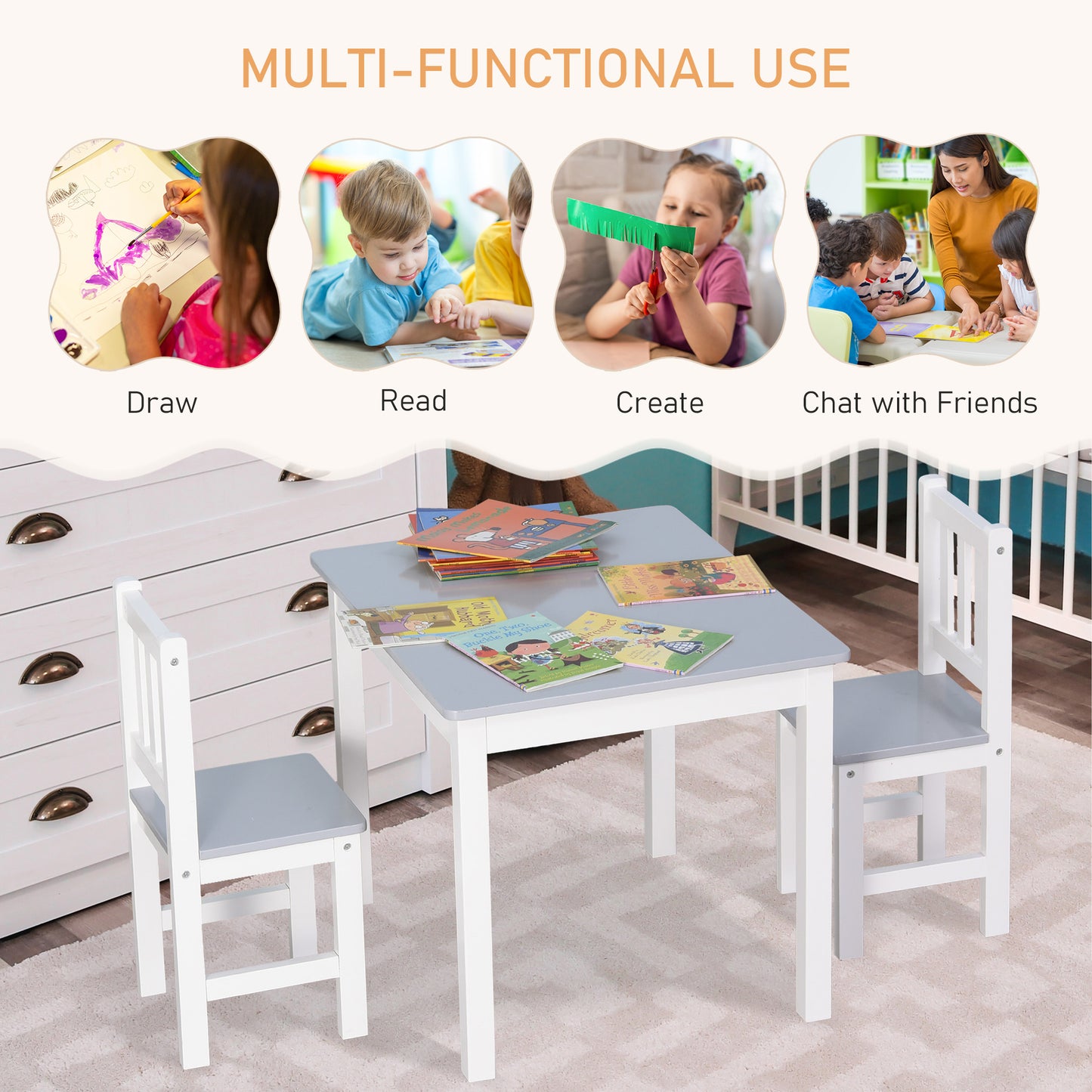 Kids Table and 2 Chairs Set 3 Pieces Toddler Multi-usage Desk for Indoor Arts & Crafts Study Rest Snack Time Easy Assembly Grey