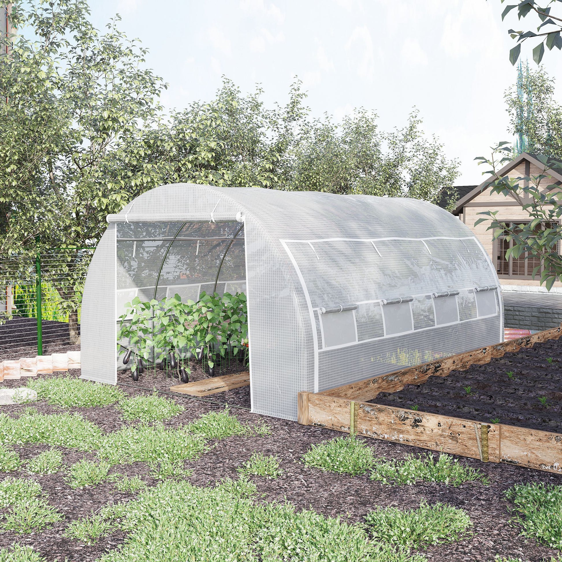 Outsunny 4 x 3 x 2 m Polytunnel Greenhouse, W/ Steel Frame Reinforced Cover Zippered Door&8 Windows White 