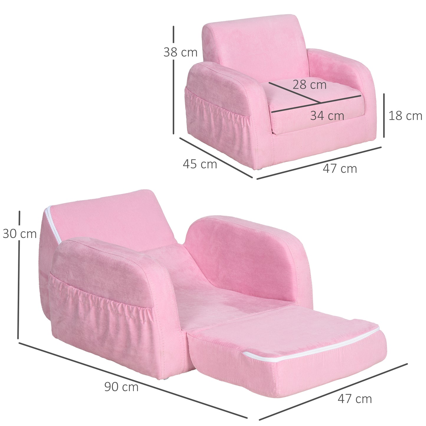 Kids Sofa Children Sofa Multifunctional Durable Flannel Upholstered 2-in-1 Armchair Lounger Anti-Slip Foot Padding - Pink