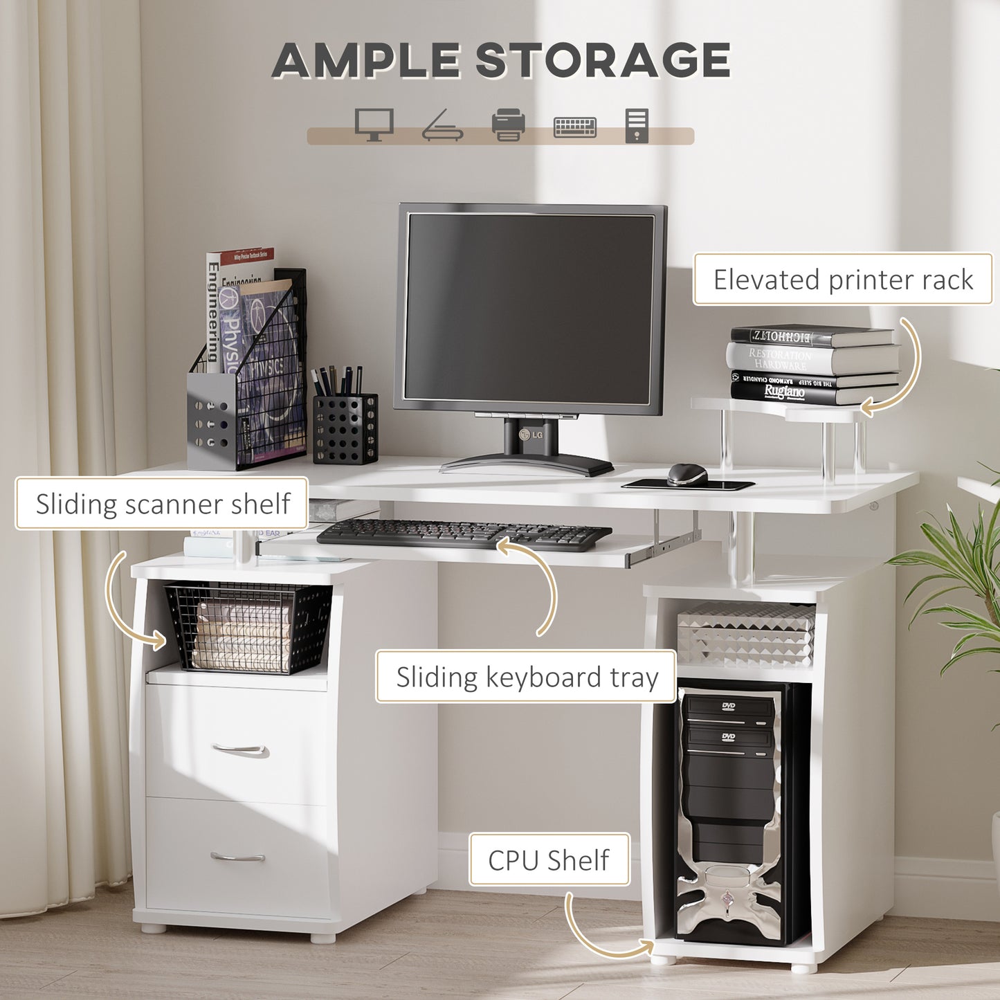 Computer Office Desk PC Table Workstation with  Keyboard Tray, CPU Shelf, Drawers, Sliding Scanner Shelf, White