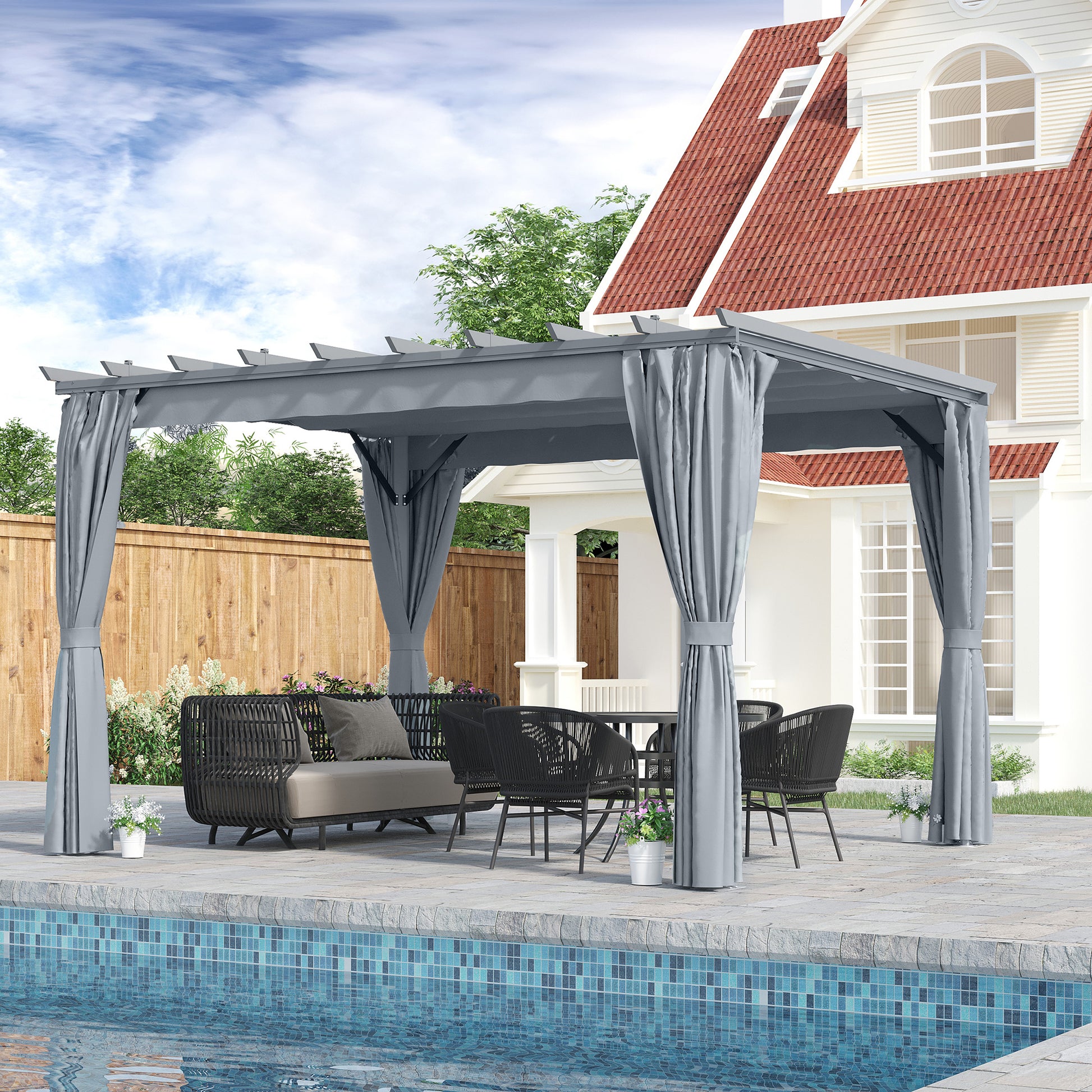 Outsunny 3.6 x 3m Outdoor Pergola Gazebo Retractable Canopy Garden Shelter Sun Shade Party with Curtains, Aluminum, Dark Grey 