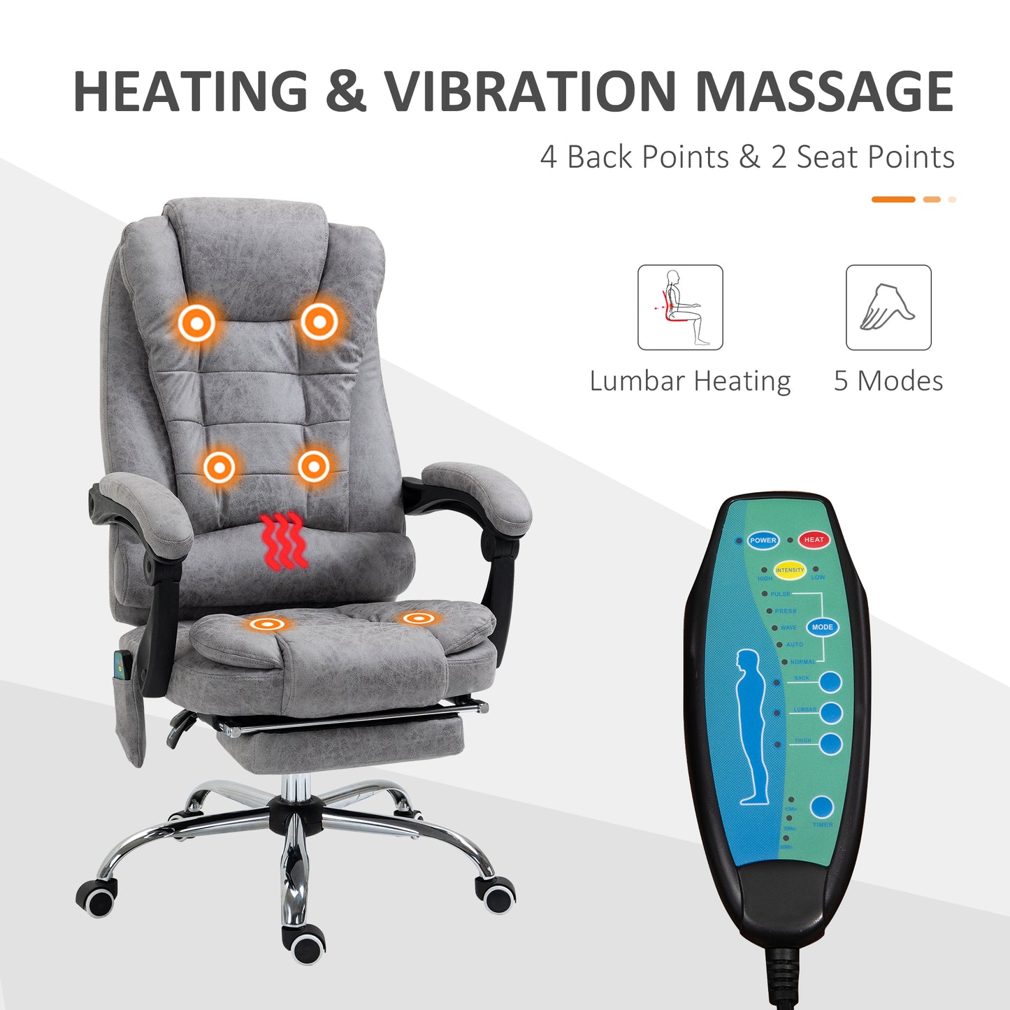 Massage Executive Office Chair Heated 6 Points Vibration Adjustable Swivel Ergonomic High Back Desk Chair Recliner Grey