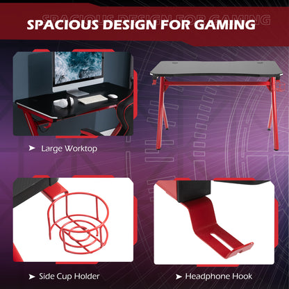 Small Gaming Desk, Steel Frame LED w/ Headphone & Drink Holder Black