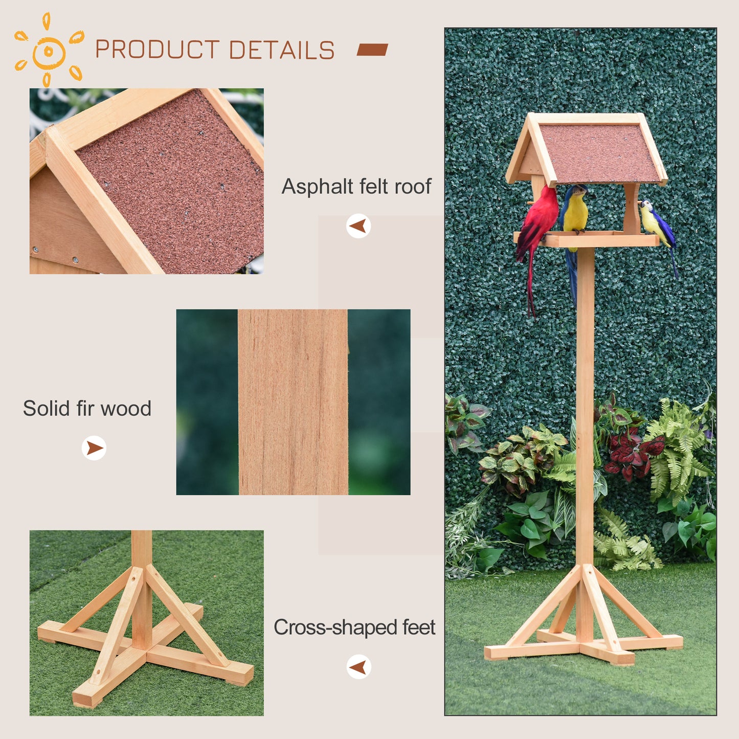 Wooden Bird Feeder Table Freestanding with Weather Resistant Roof Cross-shaped Support Feet