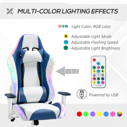 Blue Gaming Chair, with Led Light, Bluetooth Speakers Music Video Game Chair Pu Leather With Removable Pillows