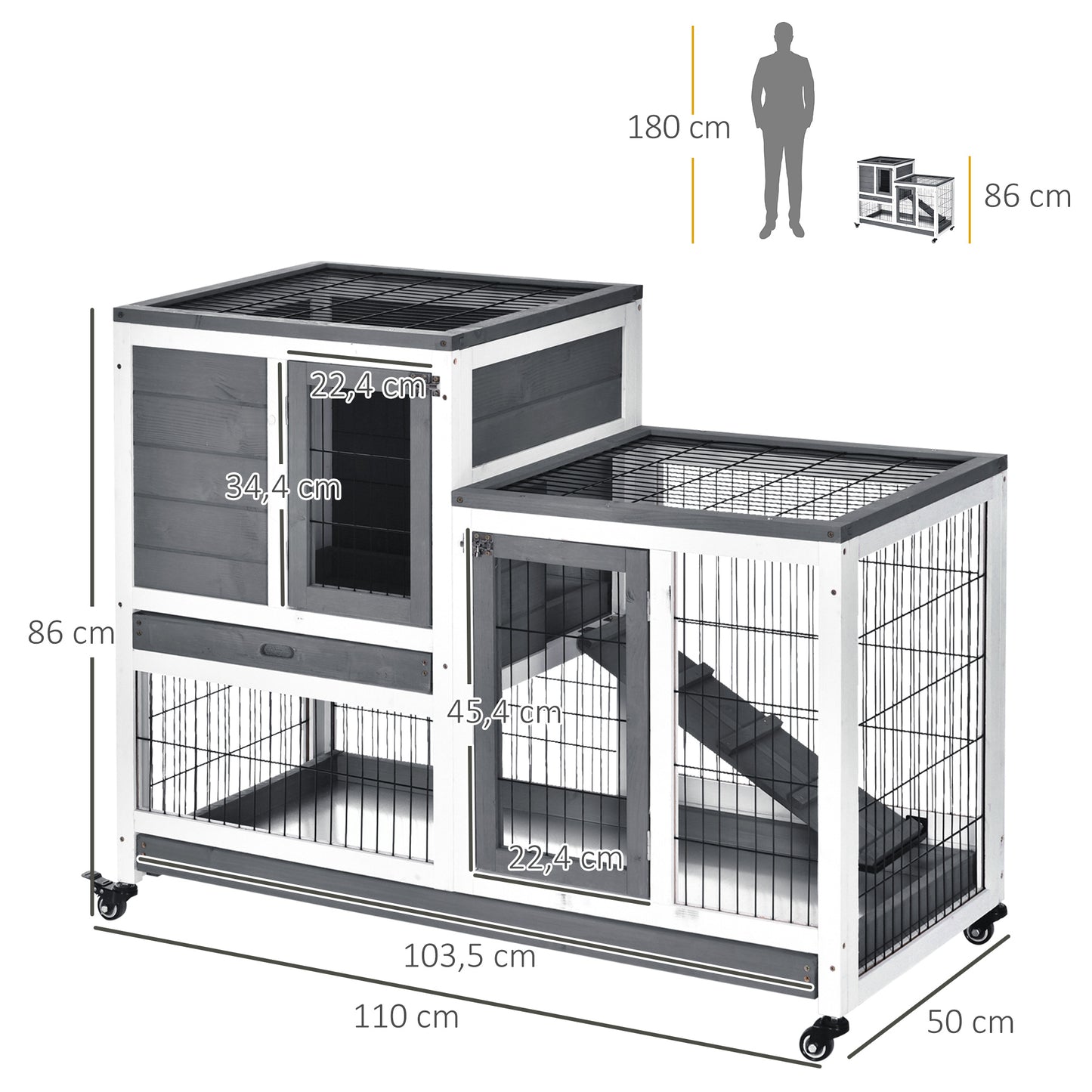 Wooden Indoor Rabbit Hutch Elevated Cage Habitat with Enclosed Run w/Wheels, Ideal for Rabbits and Guinea Pigs, Grey and White