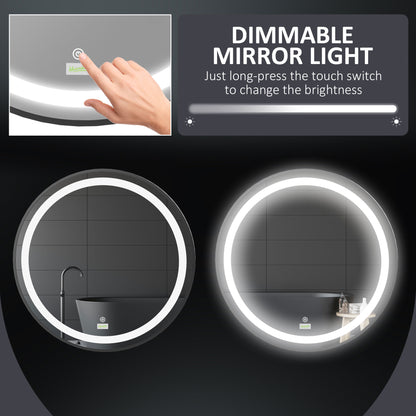 kleankin Round LED Bathroom Mirror, Dimmable Lighted Wall-Mounted Mirror with 3 Temperature Colours, Memory Function, Hardwired