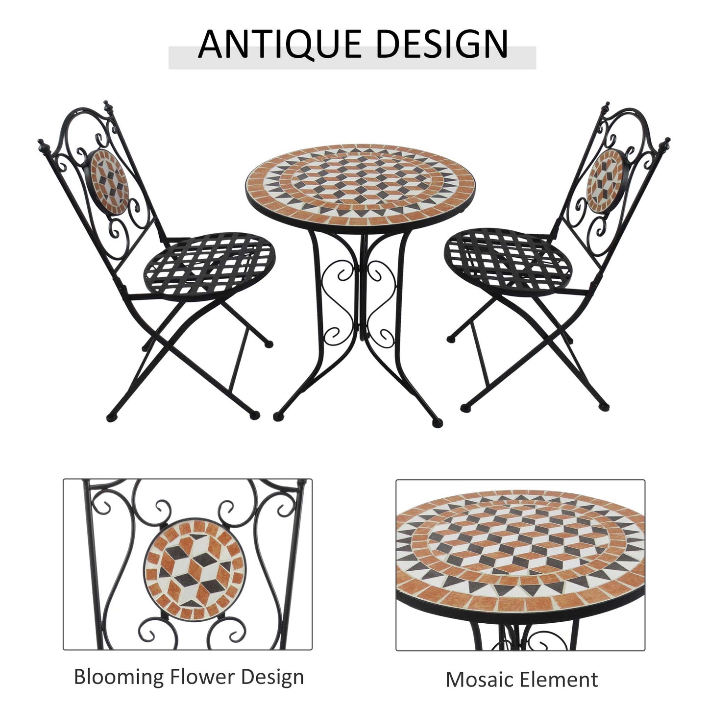 3 Pcs Mosaic Bistro Table Chair Set Patio Garden Dining Furniture Outdoor