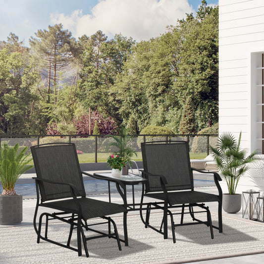 Outsunny Garden Double Glider Rocking Chairs Metal Gliding Love Seat with Middle Table Conversation Set Patio Backyard Relax Outdoor Furniture Black