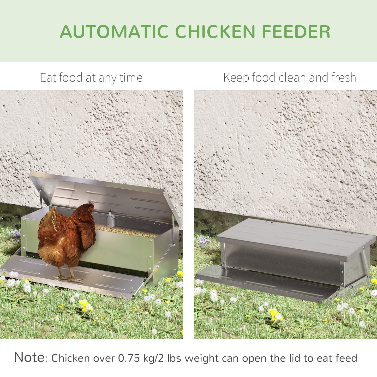 10KG Automatic Chicken Feeder Poultry Feeder w/ Self Opening Treadle, Lid, Sliver-Tone