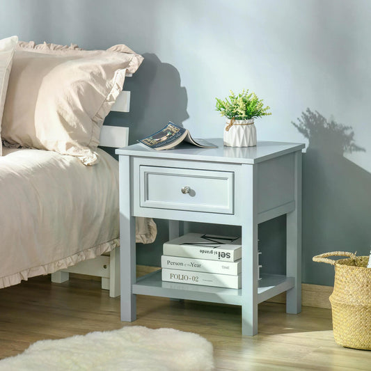 HOMCOM Accent End Table Nightstand with Tabletop, Storage Drawer, and Open Bottom Shelf, Grey 