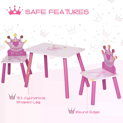 Kids Desk and Chair Set, 3-Piece, with Crown Pattern Easy to Clean Gift for Girls Toddlers Age 3 to 8 Years Old Pink