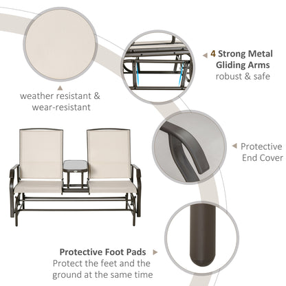 2 Seater Metal Double Swing Chair Glider Rocking Chair Seat Outdoor Seater Garden Furniture Patio Porch With Table Brown & Khaki