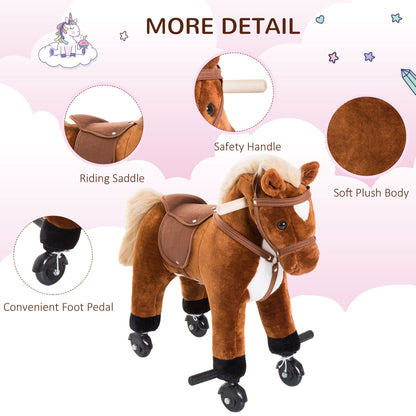 Ride-on Horse, Riding Pony, Wheeled Walking Riding Plush Toy W/ Rolling Wheels and Sound