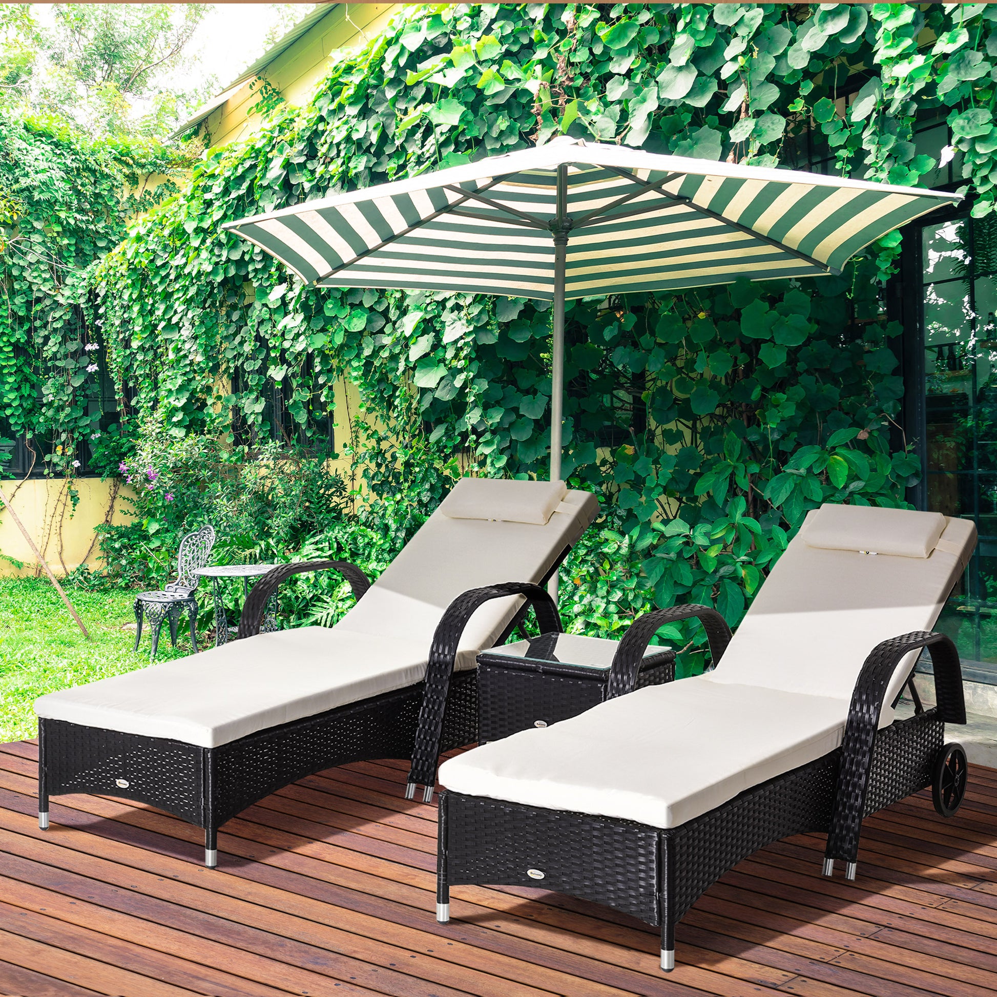 Outsunny 3 Pieces Patio Lounge Chair Set, Garden Wicker Wheeling Recliner Outdoor Daybed, PE Rattan Lounge Chairs w/Cushions Side Coffee Table Black