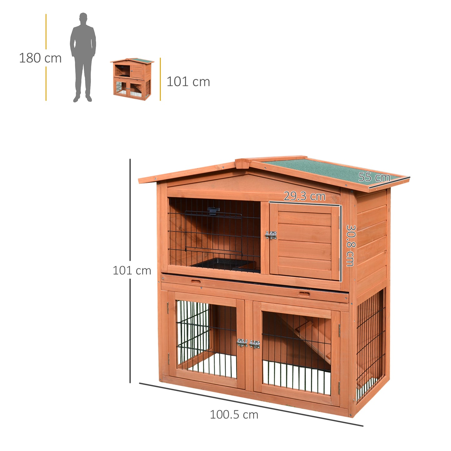 Outdoor Rabbit Hutch, Bunny Cage, Wooden, Small Animal House with No Leak Tray, Ramp, Weatherproof Roof for Outdoor