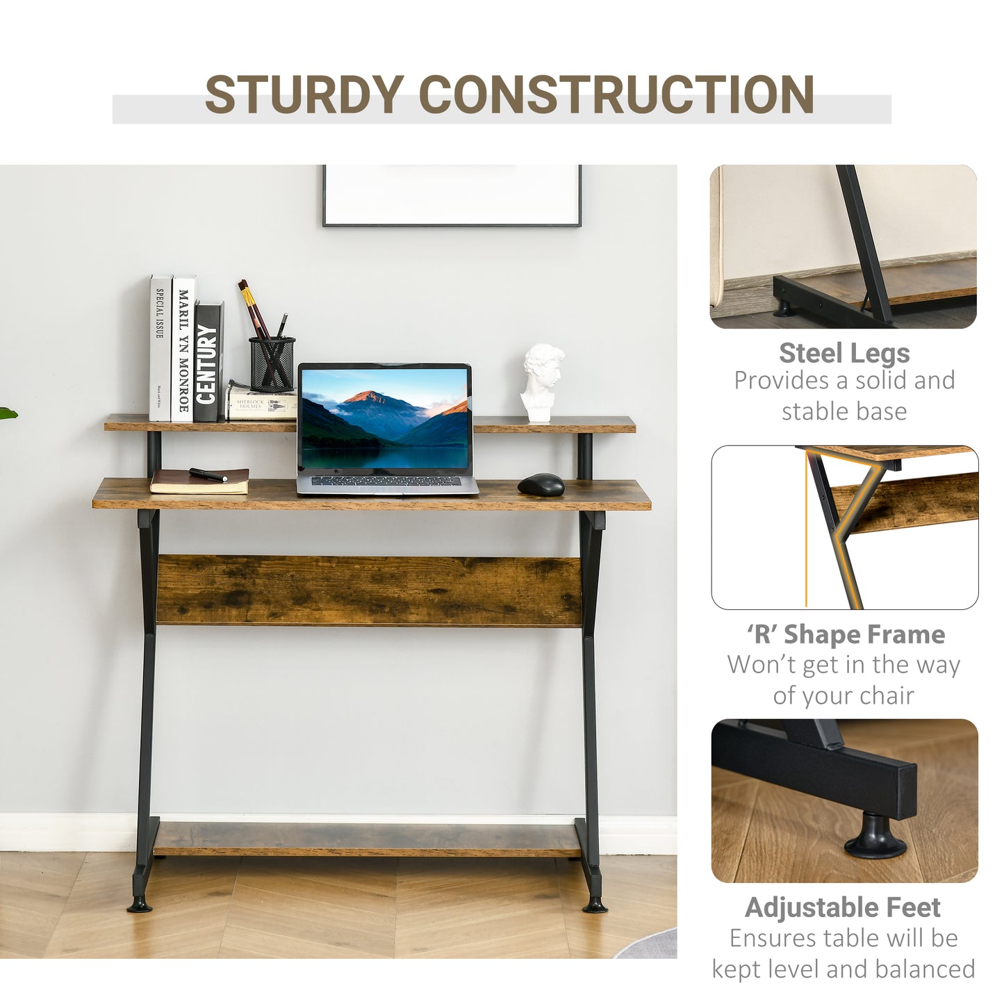 Compact Computer Table, Z Shape Desk with Monitor Shelf and Storage for Home Office, 100cm, Brown