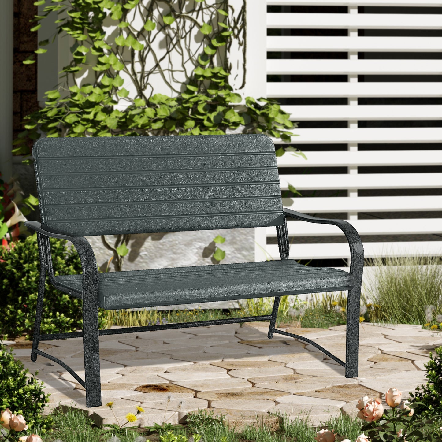 Outsunny Metal Frame 2 Seater Bench-Black, Atrovirens Slat