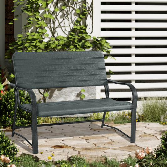 Outsunny Metal Frame 2 Seater Bench-Black, Atrovirens Slat