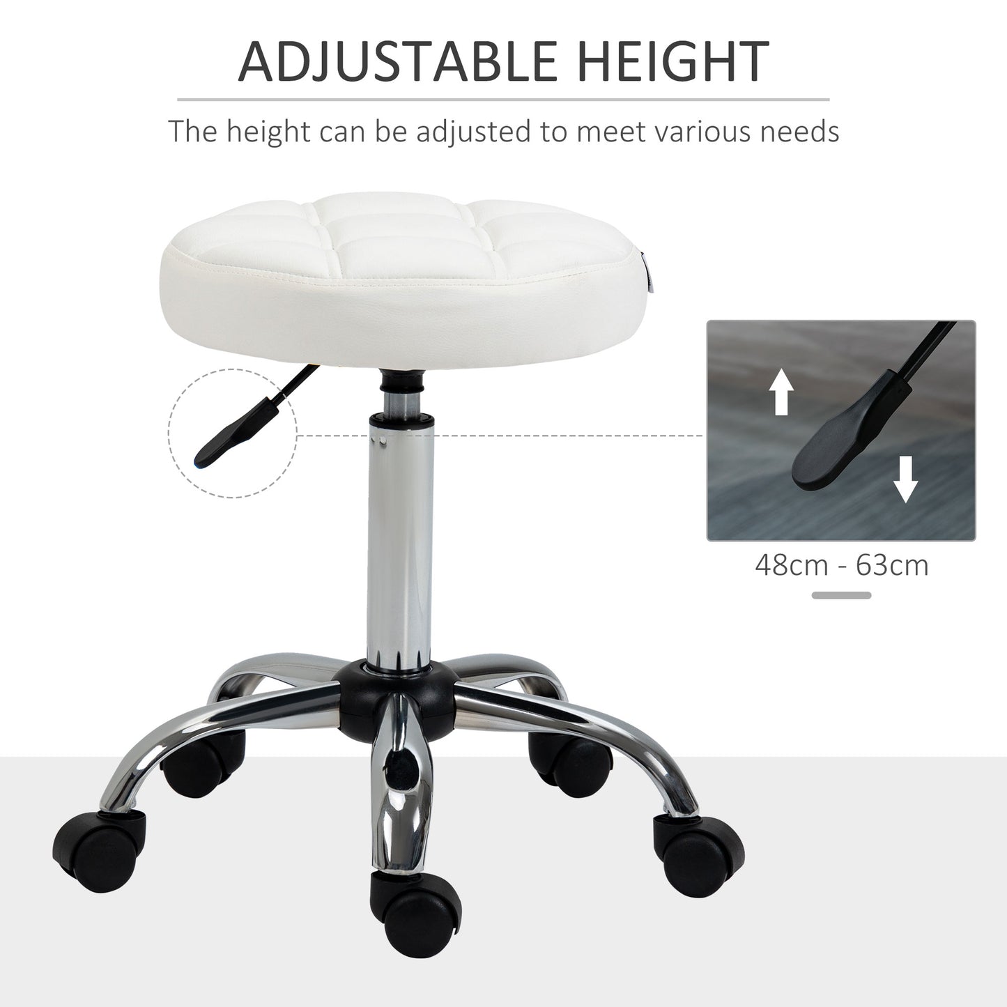 Beauty Stool, Set of 2, Armless , Height Adjustable on Wheels with PU Leather for Hairdressing, Spa, White