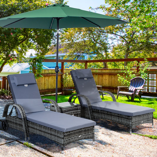 Outsunny Garden Rattan Furniture 3 PC Sun Lounger Recliner Bed Chair Set with Side Table Patio Wicker-Grey Aosom IE