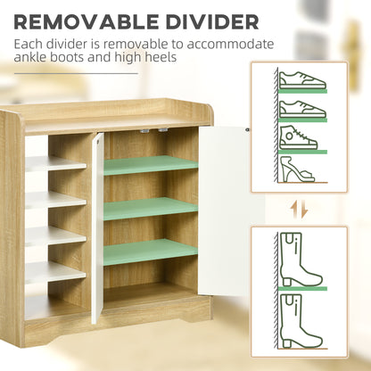 Shoe Storage with Double Doors and Open Shelves 13 Pair Shoe Storage Organizer for Entryway Hallway Natural and White