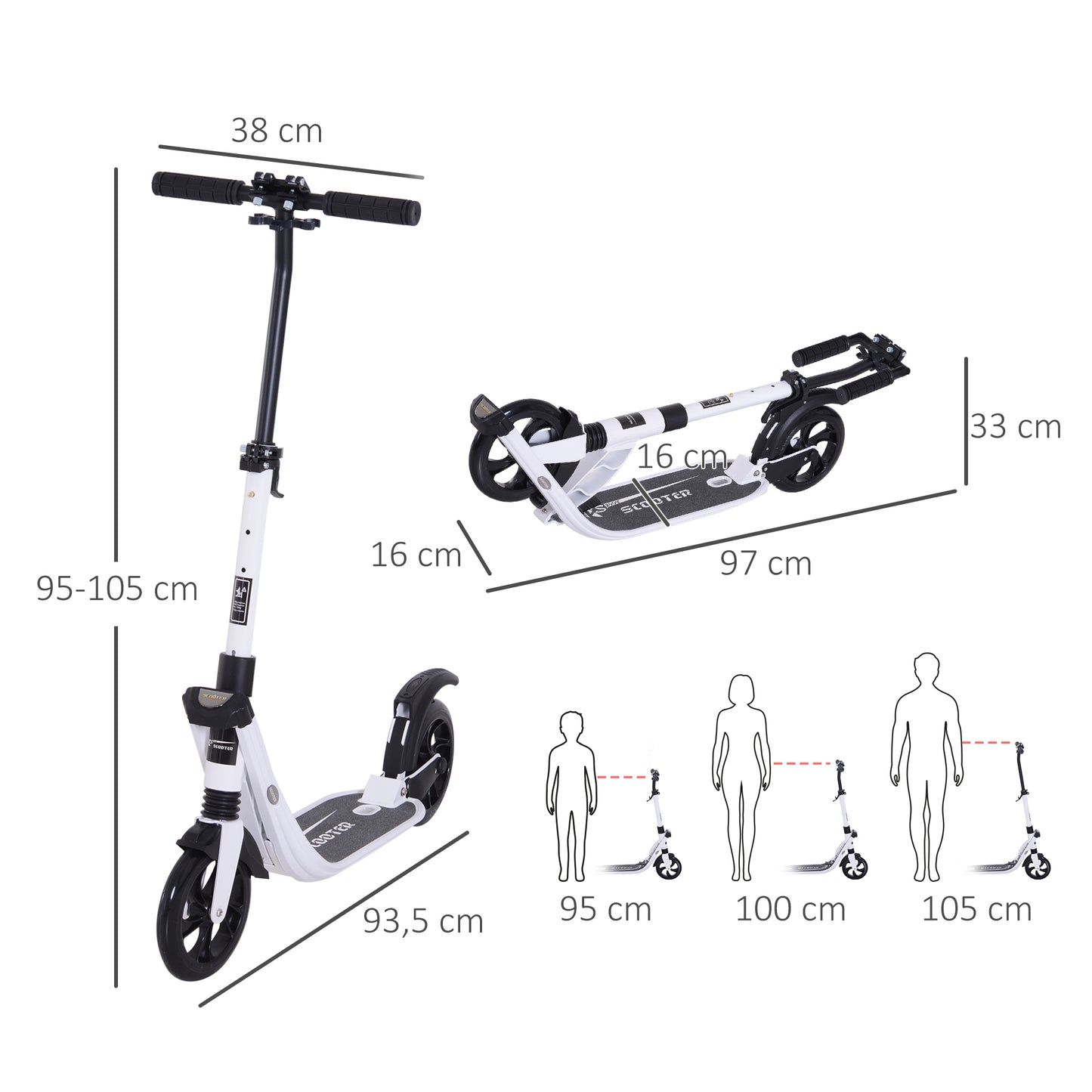 Foldable Kick Scooter, Adjustable Height, 93.5L x 38W x 95-105Hcm-White